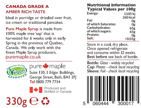 Nutritional information for Pure Maple Syrup