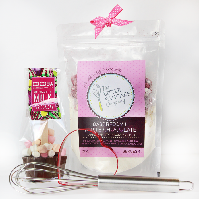 Breakfast In Bed Gift Set – Raspberry and White Chocolate Gourmet Pancake Mix, Hot Chocolate Spoon, Whisk and Cutter