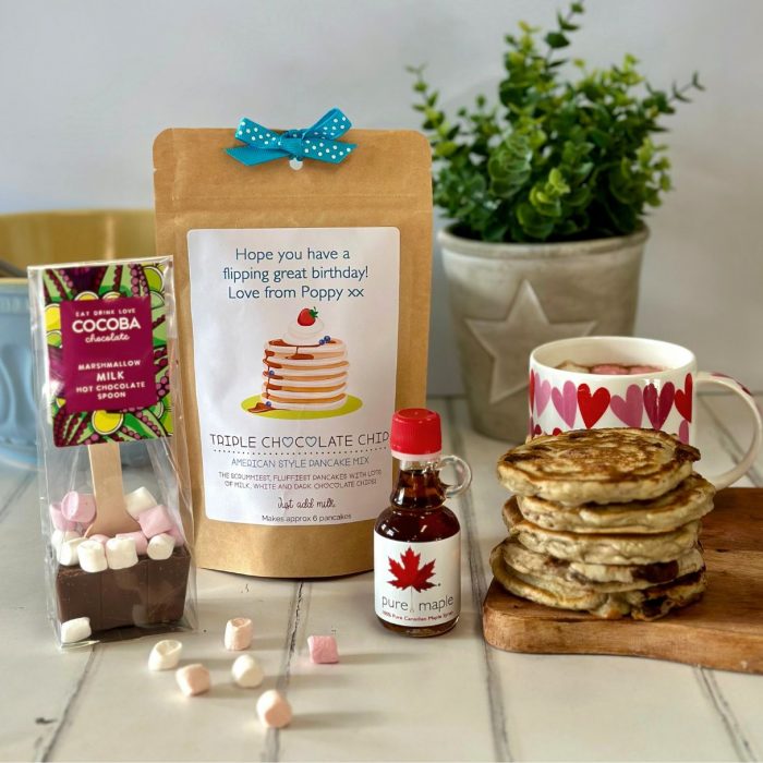 Personalised pancake gift set with triple chocolate chip pancake mix, hot chocolate and maple syrup