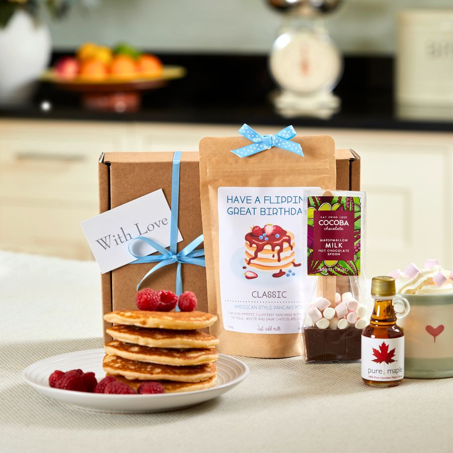 Personalised Mini Breakfast in Bed Pancake Gift Set with Pancake Mix, Hot Chocolate Spoon and Maple Syrup
