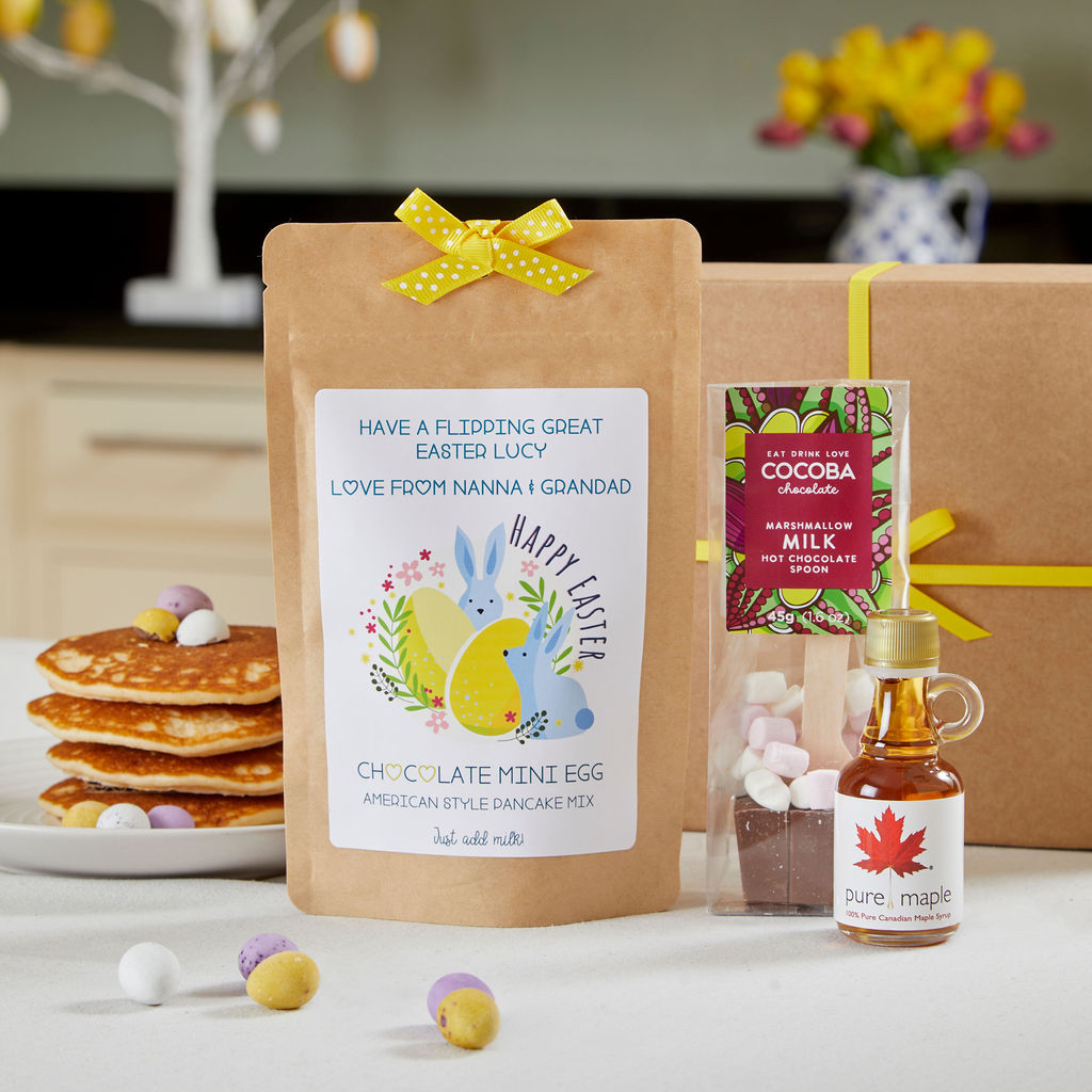 Personalised Easter Mini Egg Pancake Gift Set with Pancake Mix, Hot Chocolate Spoon and Maple Syrup