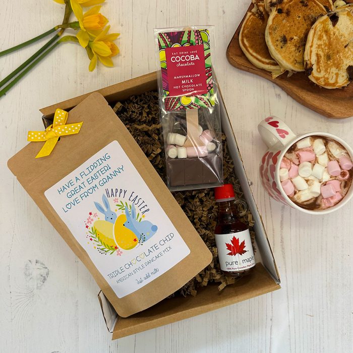 Personalised Easter Mini Breakfast in Bed Pancake Gift Set with Pancake Mix, Hot Chocolate Spoon and Maple Syrup