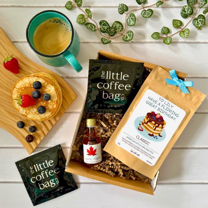 Personalised Pancake Mix and Mug Gift Set with Maple Syrup and Coffee