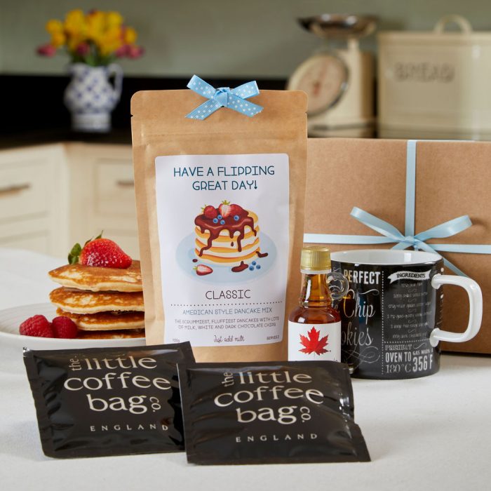 Personalised Pancake Mix and Chalkboard Mug Gift Set with Maple Syrup and Coffee